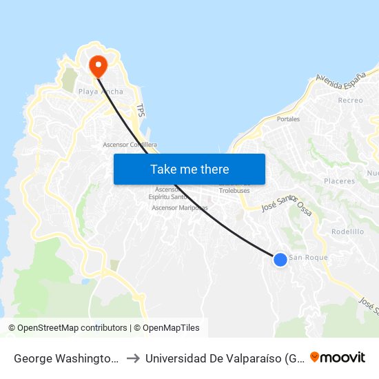 George Washington - Las Camelias to Universidad De Valparaíso (Gimnasio Polideportivo) map