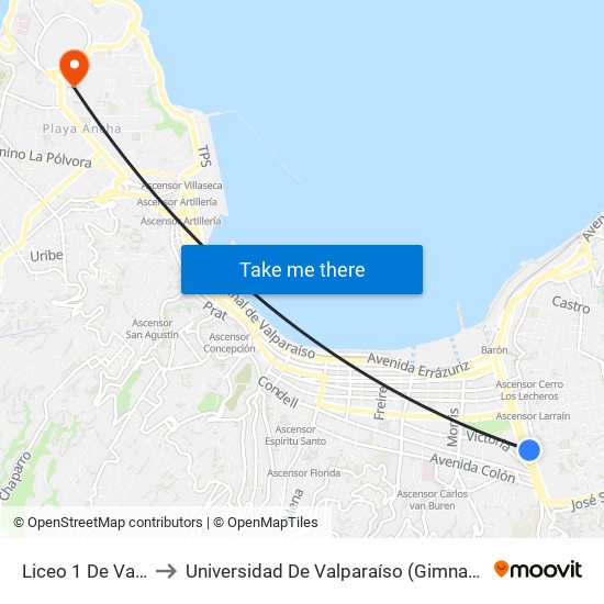 Liceo 1 De Valparaiso to Universidad De Valparaíso (Gimnasio Polideportivo) map