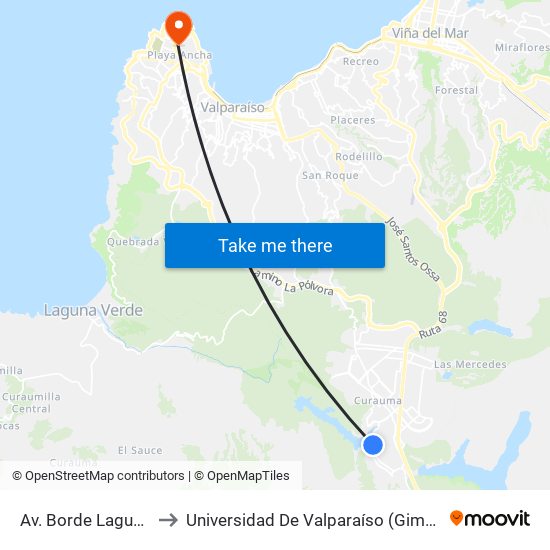 Av. Borde Laguna / Oriente to Universidad De Valparaíso (Gimnasio Polideportivo) map