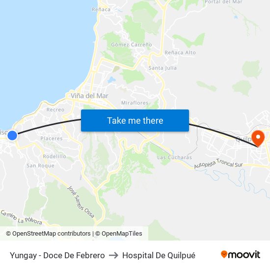 Yungay - Doce De Febrero to Hospital De Quilpué map