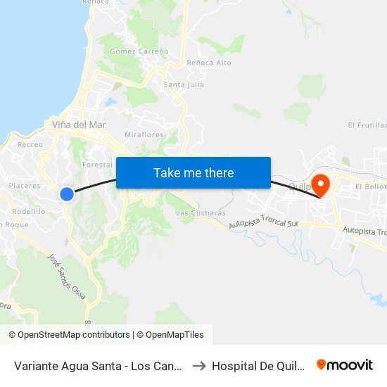 Variante Agua Santa - Los Canelos to Hospital De Quilpué map