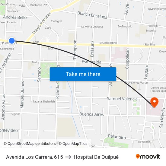 Avenida Los Carrera, 615 to Hospital De Quilpué map