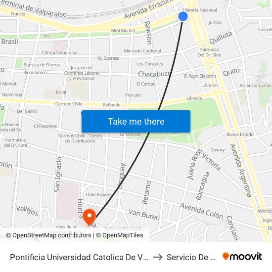 Pontificia Universidad Catolica De Valparaiso, Casa Central to Servicio De Oncología map