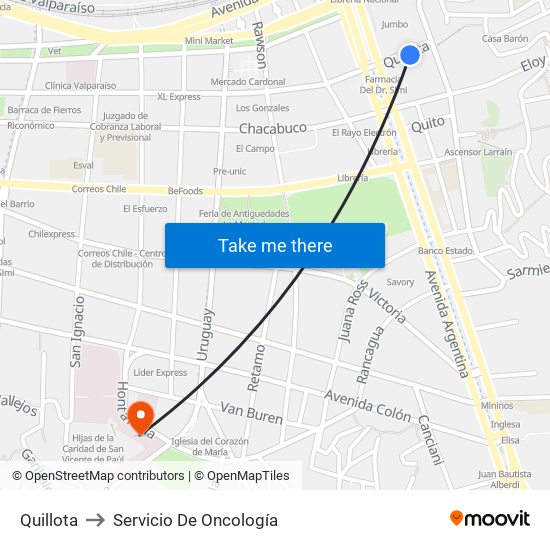 Quillota to Servicio De Oncología map