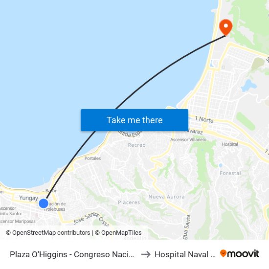 Plaza O'Higgins - Congreso Nacional - Teatro Municipal / Sur to Hospital Naval Almirante Nef map
