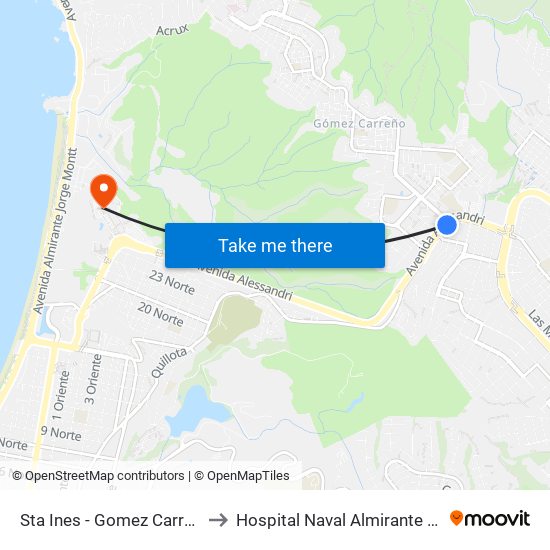 Sta Ines - Gomez Carreño to Hospital Naval Almirante Nef map