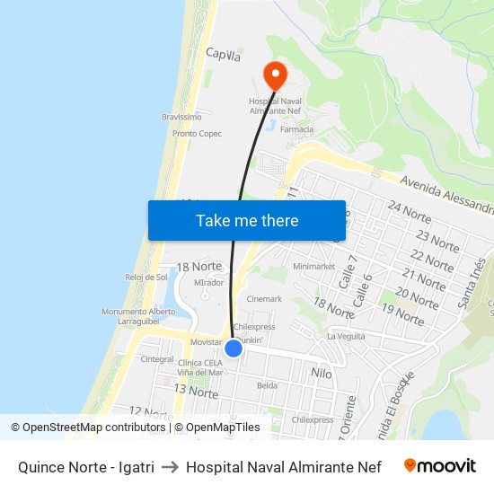 Quince Norte - Igatri to Hospital Naval Almirante Nef map