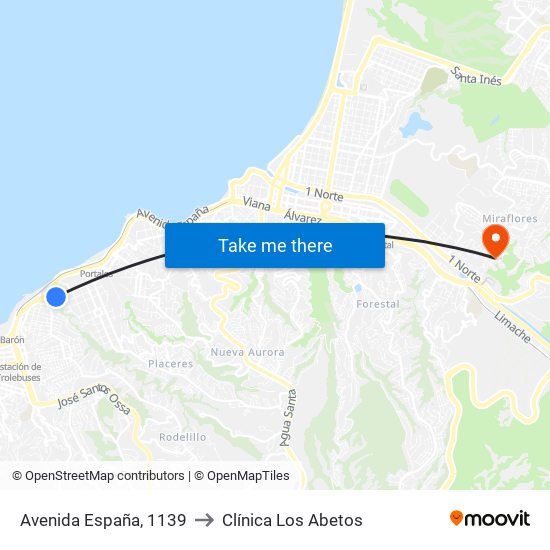 Avenida España, 1139 to Clínica Los Abetos map