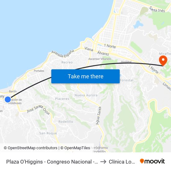 Plaza O'Higgins - Congreso Nacional - Teatro Municipal / Sur to Clínica Los Abetos map