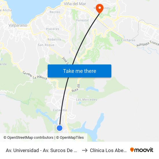 Av. Universidad - Av. Surcos De Agua to Clínica Los Abetos map