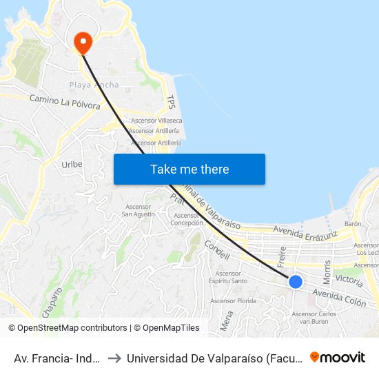 Av. Francia- Independencia to Universidad De Valparaíso (Facultad De Arquitectura) map