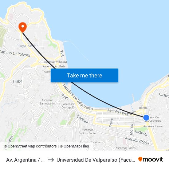 Av. Argentina / Pje Quillota to Universidad De Valparaíso (Facultad De Arquitectura) map
