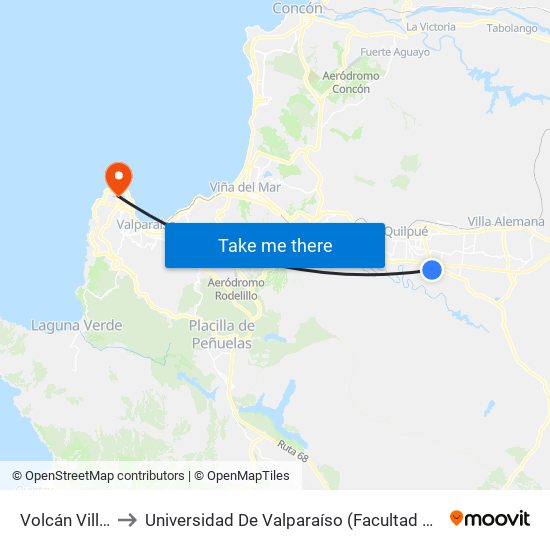 Volcán Villarrica to Universidad De Valparaíso (Facultad De Arquitectura) map