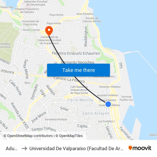 Aduana to Universidad De Valparaíso (Facultad De Arquitectura) map