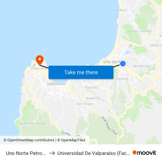 Uno Norte Petrobras Poniente to Universidad De Valparaíso (Facultad De Arquitectura) map