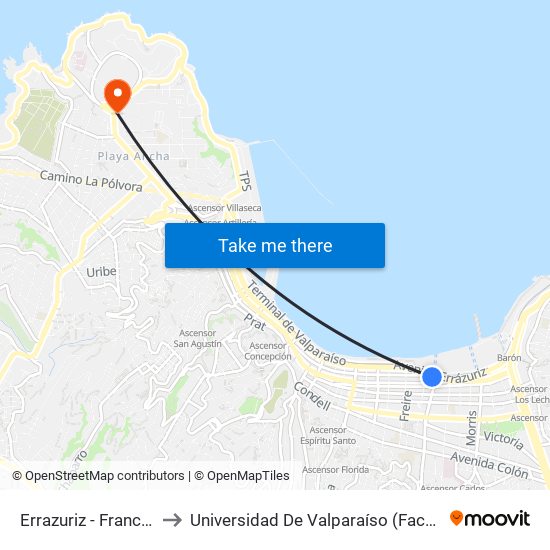 Errazuriz - Francia / Poniente to Universidad De Valparaíso (Facultad De Arquitectura) map