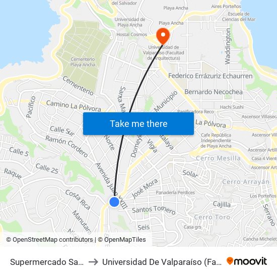 Supermercado Santa Isabel / Sur to Universidad De Valparaíso (Facultad De Arquitectura) map