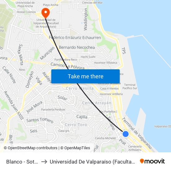 Blanco - Sotomayor to Universidad De Valparaíso (Facultad De Arquitectura) map