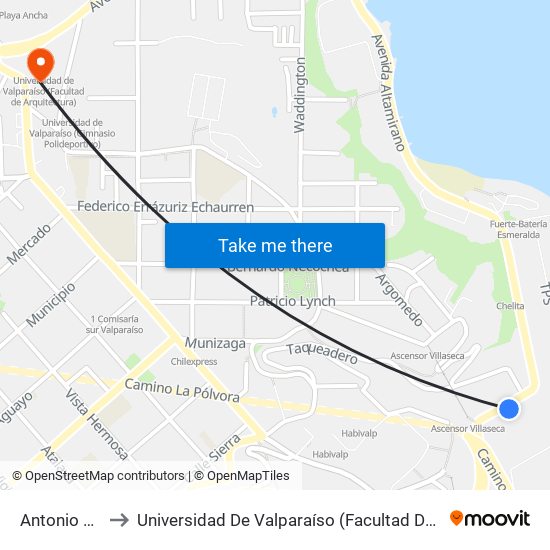 Antonio Varas to Universidad De Valparaíso (Facultad De Arquitectura) map