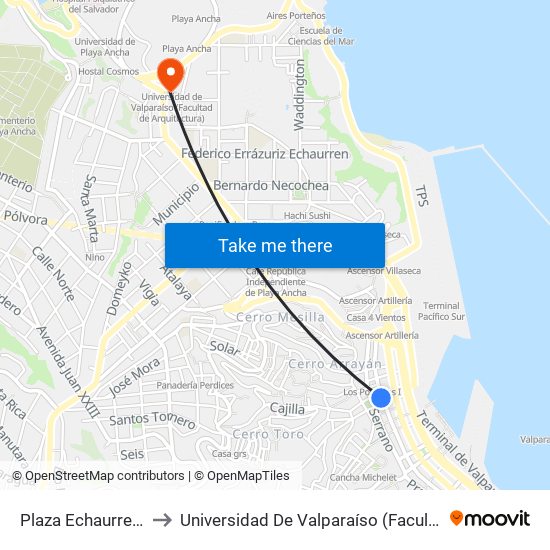 Plaza Echaurren / Oriente to Universidad De Valparaíso (Facultad De Arquitectura) map