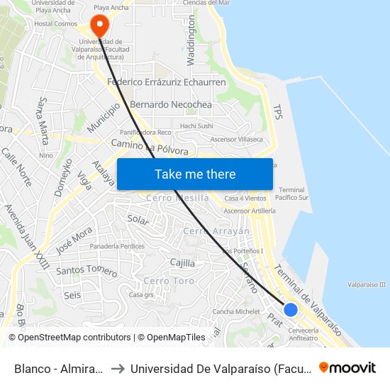 Blanco - Almirante Señoret to Universidad De Valparaíso (Facultad De Arquitectura) map