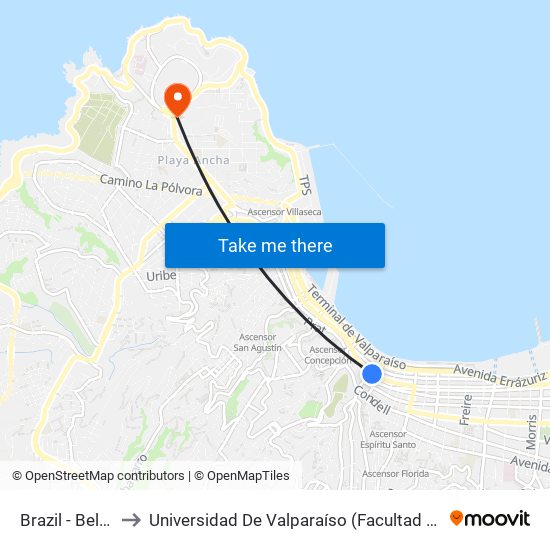 Brazil - Bellavista to Universidad De Valparaíso (Facultad De Arquitectura) map