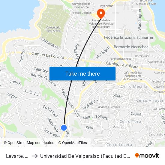 Levarte, 1116 to Universidad De Valparaíso (Facultad De Arquitectura) map