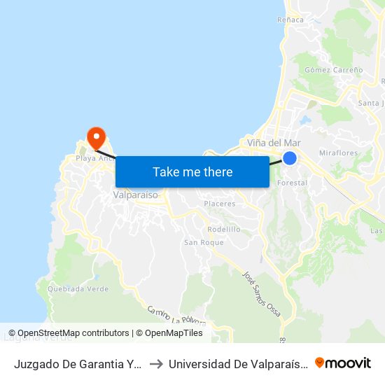 Juzgado De Garantia Y Tribunal De Juicio General to Universidad De Valparaíso (Facultad De Arquitectura) map