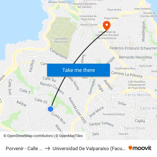 Porvenir - Calle Veinticinco to Universidad De Valparaíso (Facultad De Arquitectura) map