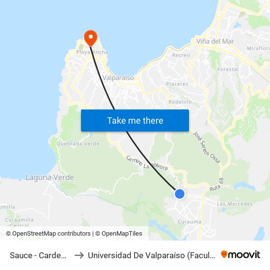 Sauce - Cardenal Samoré to Universidad De Valparaíso (Facultad De Arquitectura) map