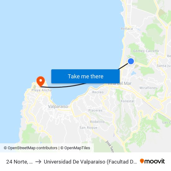 24 Norte, 1391 to Universidad De Valparaíso (Facultad De Arquitectura) map