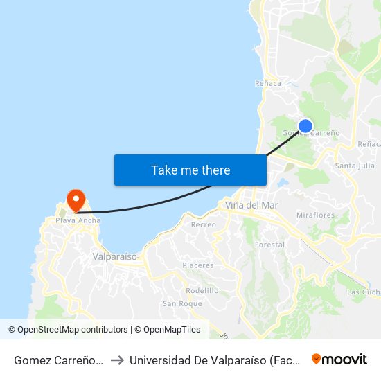 Gomez Carreño / Bencinera to Universidad De Valparaíso (Facultad De Arquitectura) map