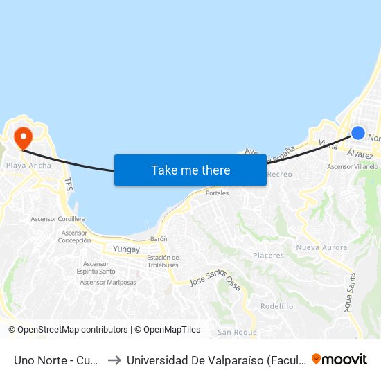 Uno Norte - Cuatro Puente to Universidad De Valparaíso (Facultad De Arquitectura) map