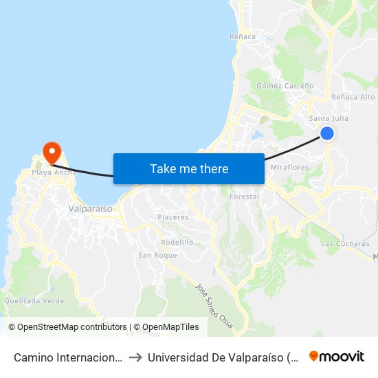 Camino Internacional - Las Mangolias to Universidad De Valparaíso (Facultad De Arquitectura) map