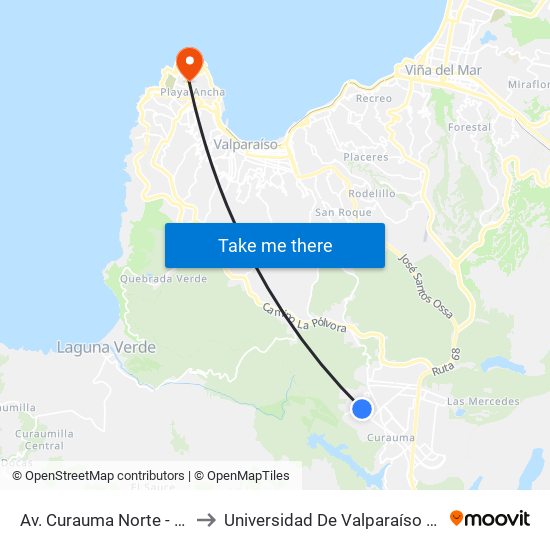 Av. Curauma Norte - Av. Laguna De La Luz to Universidad De Valparaíso (Facultad De Arquitectura) map