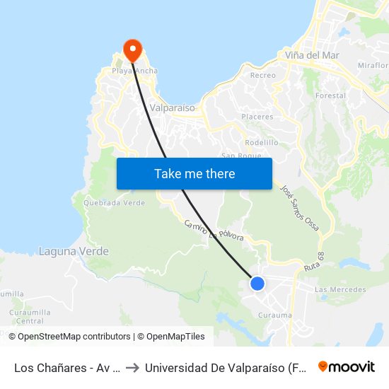 Los Chañares - Av Curauma Norte to Universidad De Valparaíso (Facultad De Arquitectura) map