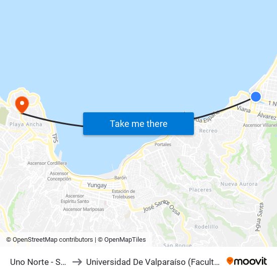 Uno Norte - San Martin to Universidad De Valparaíso (Facultad De Arquitectura) map