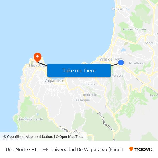 Uno Norte - Pte. Cancha to Universidad De Valparaíso (Facultad De Arquitectura) map