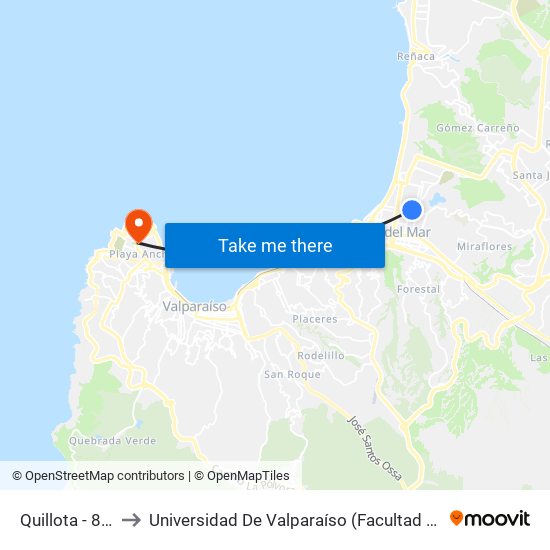 Quillota - 8 Norte to Universidad De Valparaíso (Facultad De Arquitectura) map