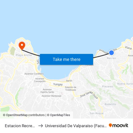 Estacion Recreo / Poniente to Universidad De Valparaíso (Facultad De Arquitectura) map
