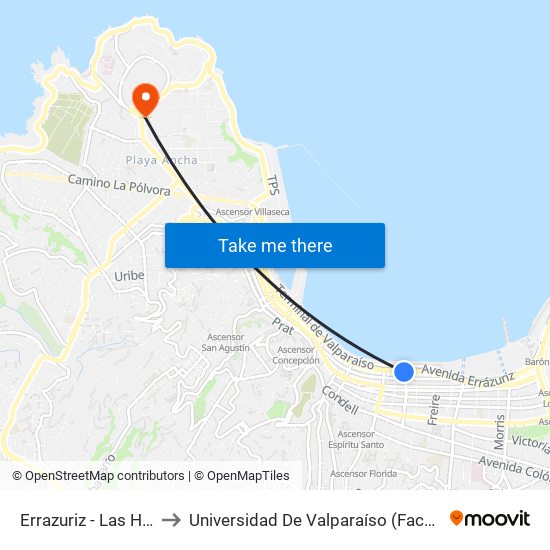 Errazuriz - Las Heras - Facea to Universidad De Valparaíso (Facultad De Arquitectura) map