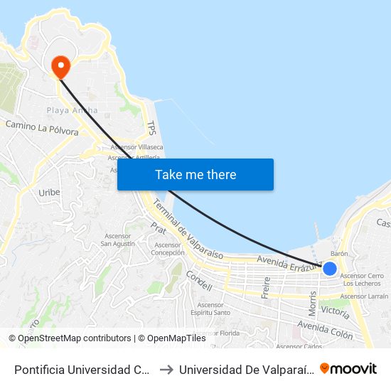 Pontificia Universidad Catolica De Valparaiso - Gimpert to Universidad De Valparaíso (Facultad De Arquitectura) map