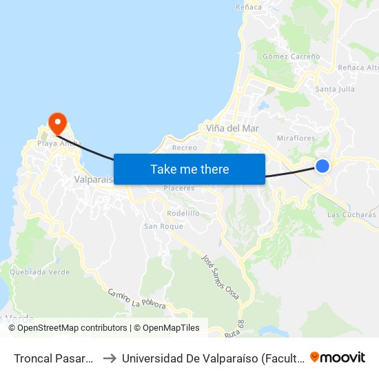 Troncal Pasarela / Norte to Universidad De Valparaíso (Facultad De Arquitectura) map