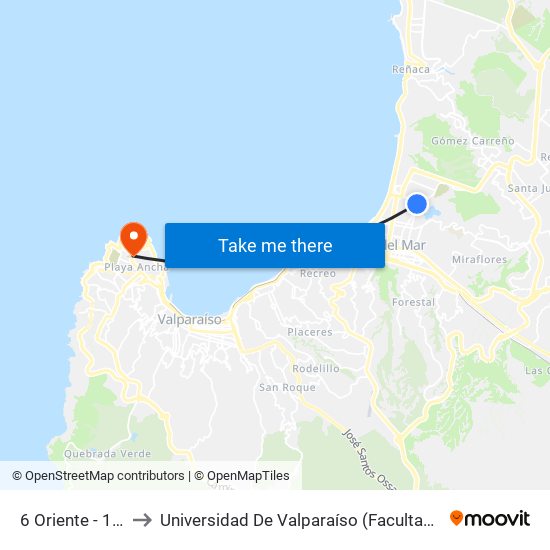 6 Oriente - 14 Norte to Universidad De Valparaíso (Facultad De Arquitectura) map