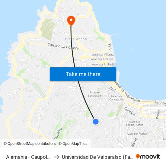 Alemania - Caupolican / Poineitne to Universidad De Valparaíso (Facultad De Arquitectura) map