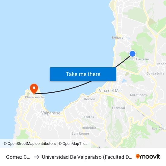 Gomez Careño to Universidad De Valparaíso (Facultad De Arquitectura) map