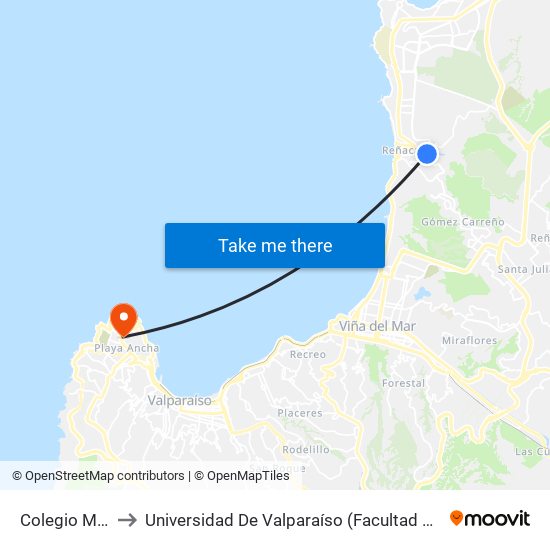 Colegio Mackay to Universidad De Valparaíso (Facultad De Arquitectura) map