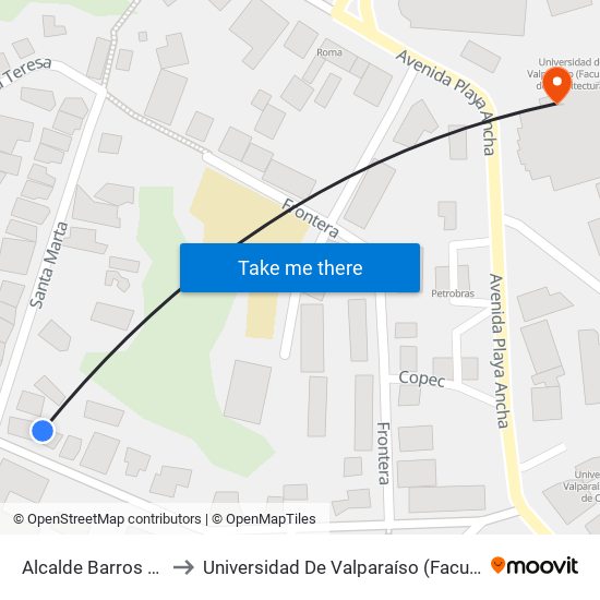 Alcalde Barros - Sta Teresa to Universidad De Valparaíso (Facultad De Arquitectura) map