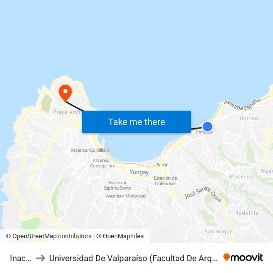 Inacap to Universidad De Valparaíso (Facultad De Arquitectura) map