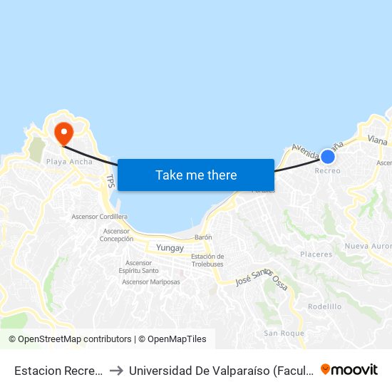 Estacion Recreo / Oriente to Universidad De Valparaíso (Facultad De Arquitectura) map
